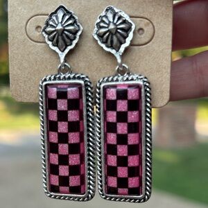 Pink and Black Checkered Dangle Earrings OBO